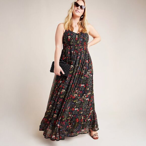 Anthropologie Payal Jain Massima Pleated Maxi Dress in Black Motif - sz 1X - Picture 1 of 14